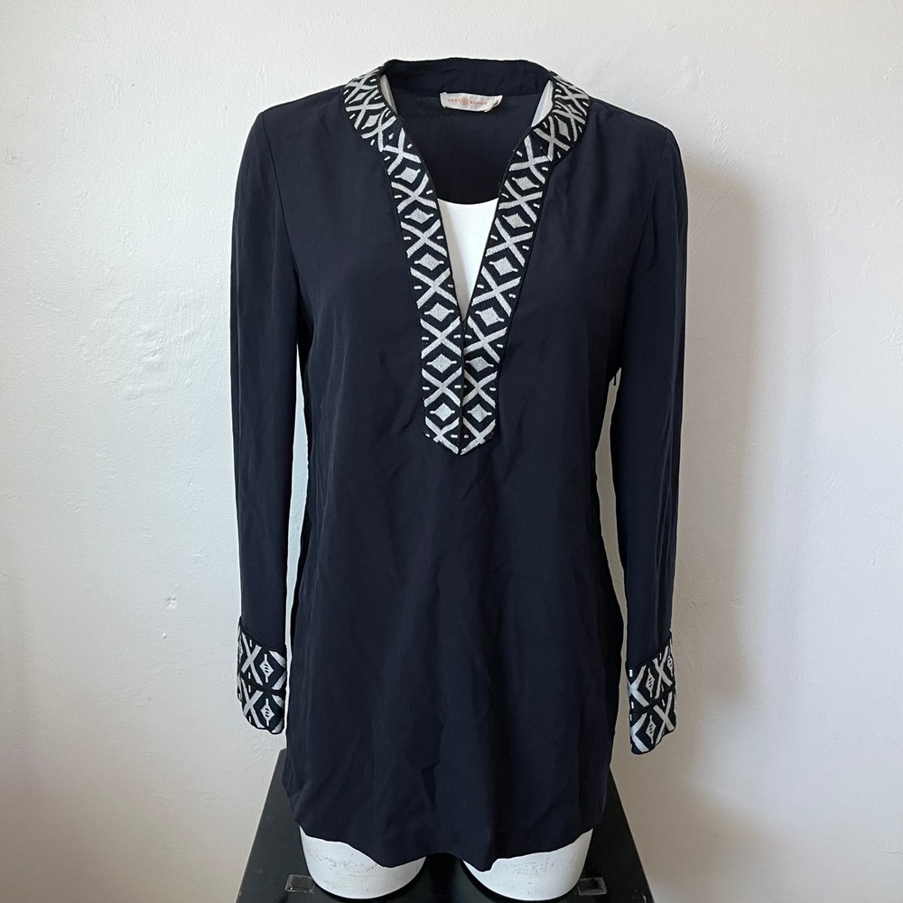 Tory Burch Navy Blue Geometric Embroidered V-Neck Tunic Dress Size 10